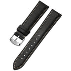 Genuine Leather Watch-Quick Release Watch Strap-Silver Pin Buckle-Black Strap With Beige Stitch
