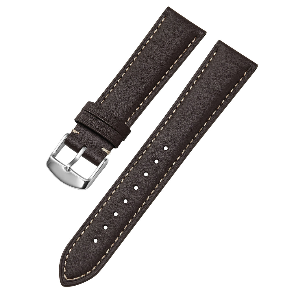 Genuine Leather Watch-Quick Release Watch Strap-Silver Pin Buckle-Brown Strap With Beige Stitch