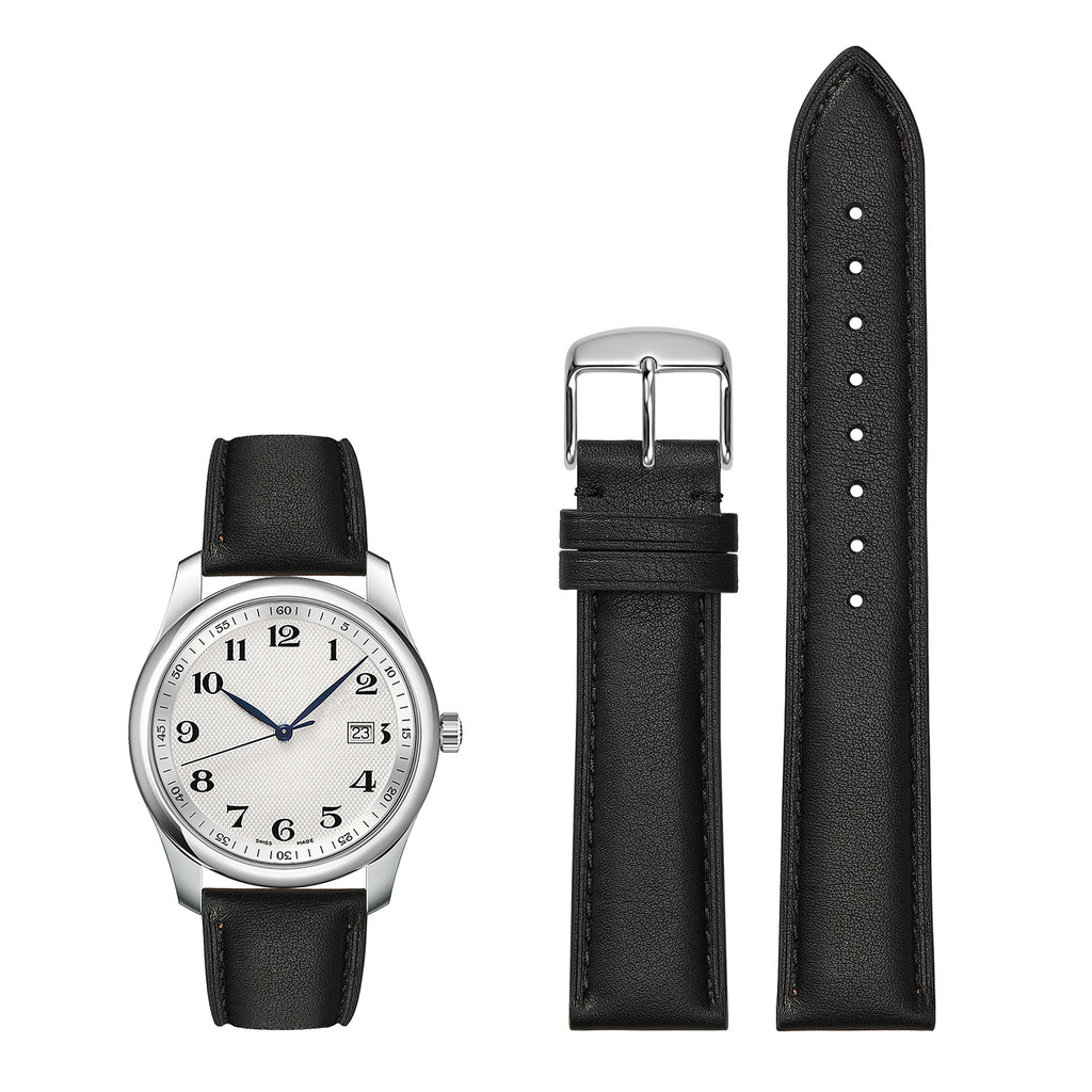 Genuine Leather Watch-Quick Release Watch Strap-Silver Pin Buckle-Black