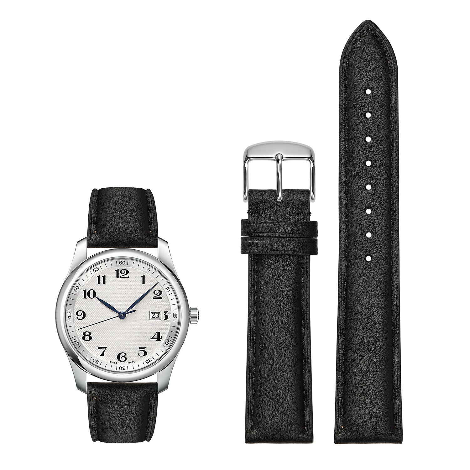 Genuine Leather Watch-Quick Release Watch Strap-Silver Pin Buckle-Black