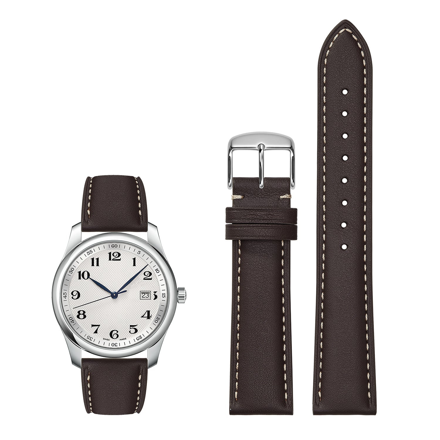 Genuine Leather Watch-Quick Release Watch Strap-Silver Pin Buckle-Brown Strap With Beige Stitch
