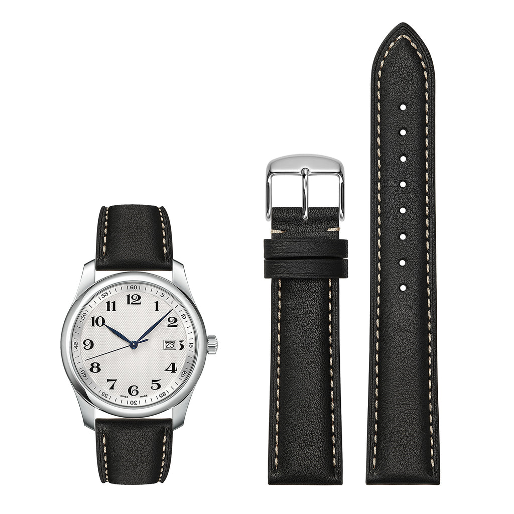 Genuine Leather Watch-Quick Release Watch Strap-Silver Pin Buckle-Black Strap With Beige Stitch