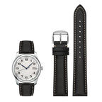 Genuine Leather Watch-Quick Release Watch Strap-Silver Pin Buckle-Black Strap With Beige Stitch