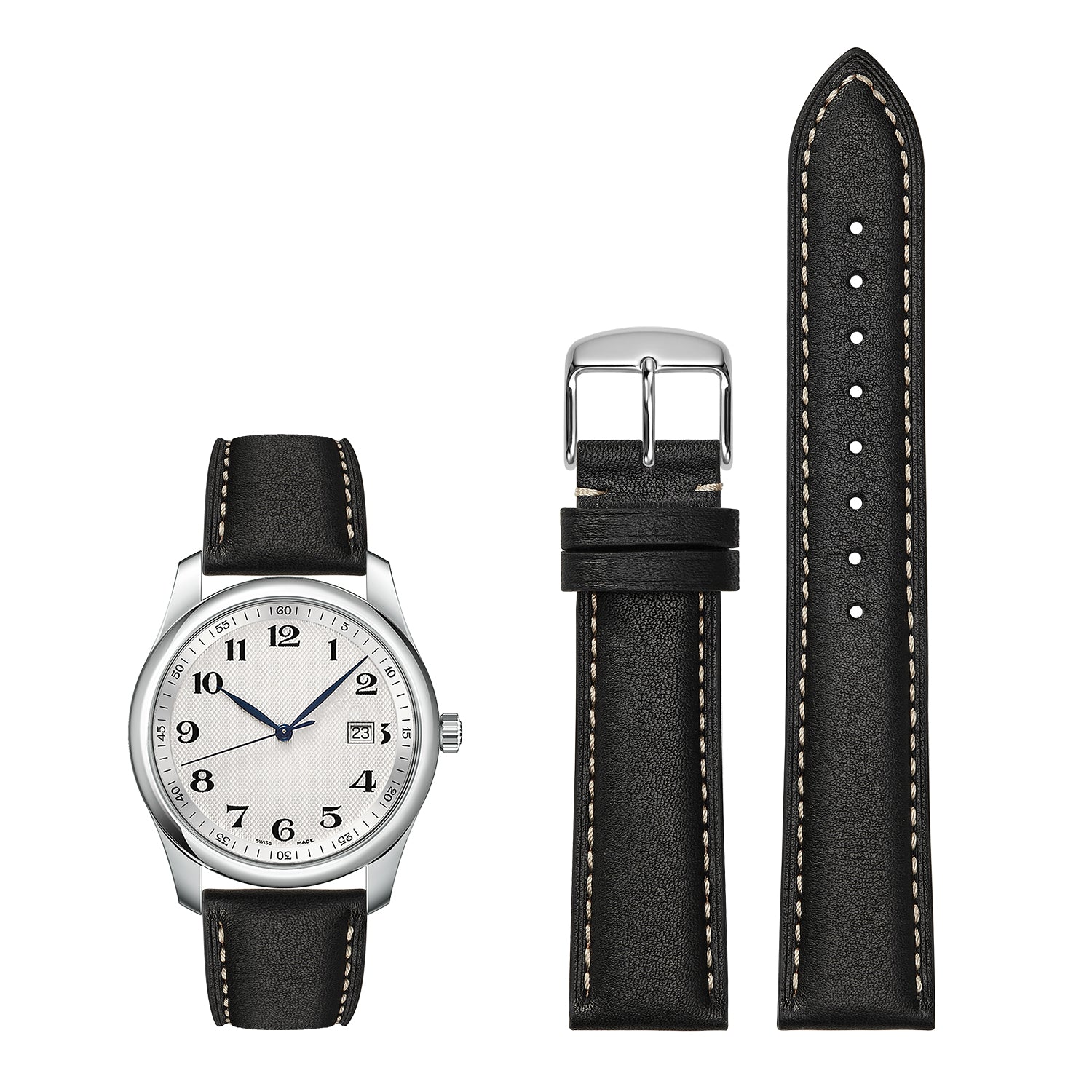 Genuine Leather Watch-Quick Release Watch Strap-Silver Pin Buckle-Black Strap With Beige Stitch