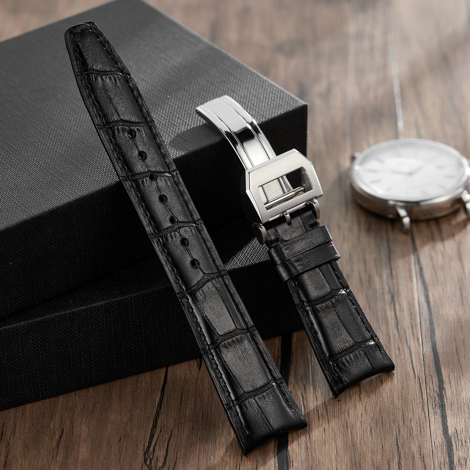 Genuine Leather Watch Band-Silver Deployment Buckle for IWC Portugieser Chronograph