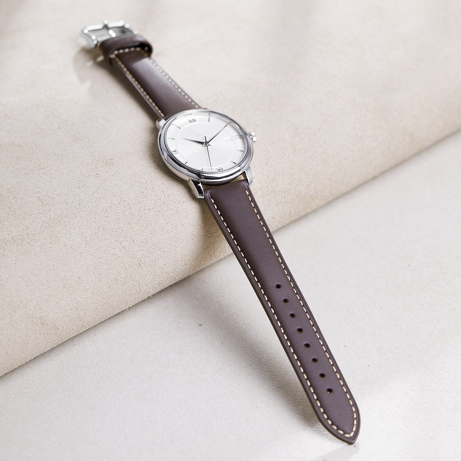 Genuine Leather Watch-Quick Release Watch Strap-Silver Pin Buckle-Brown Strap With Beige Stitch