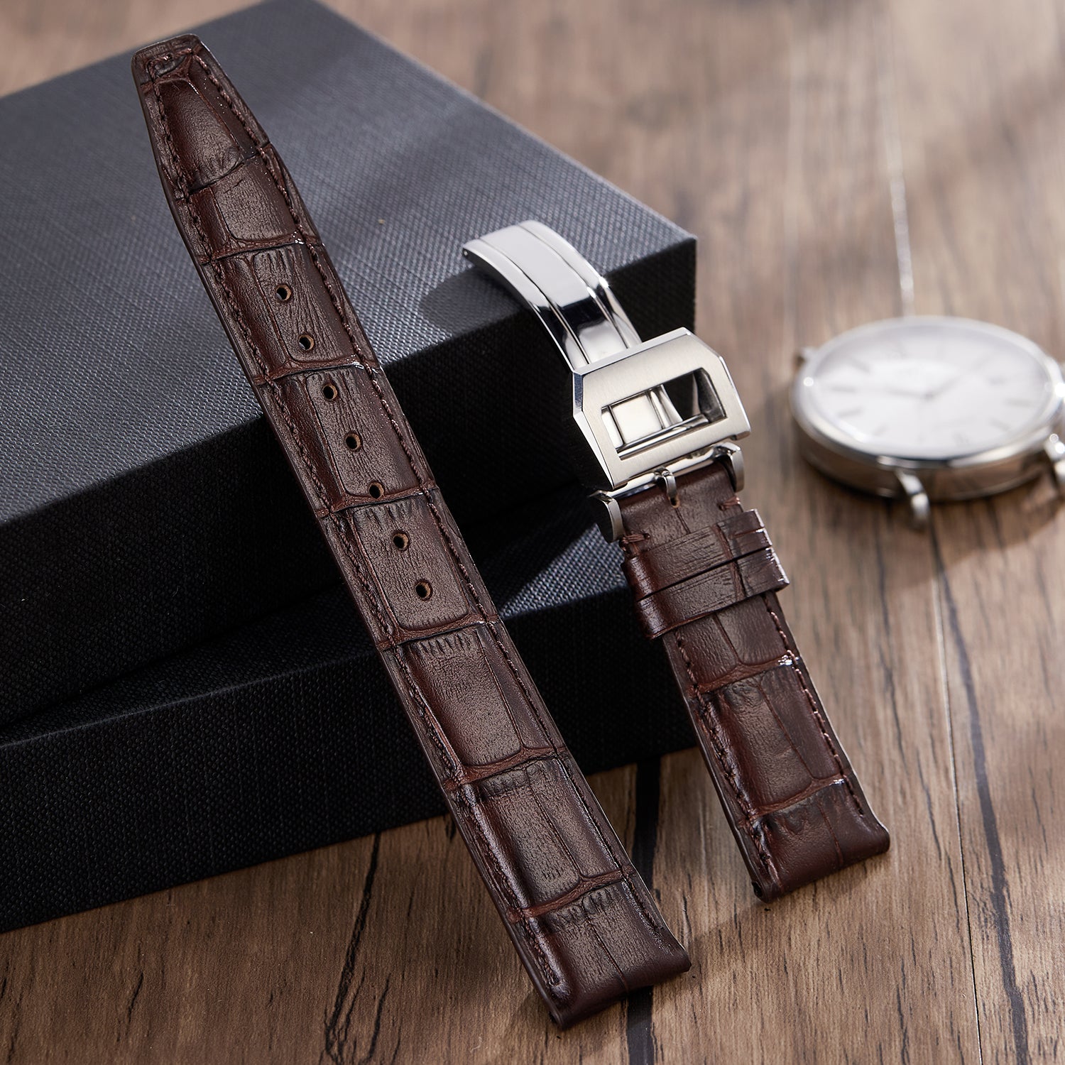 Genuine Leather Watch Band-Silver Deployment Buckle for IWC Portugieser Chronograph