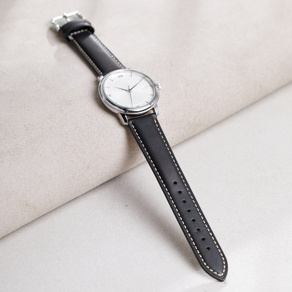 Genuine Leather Watch-Quick Release Watch Strap-Silver Pin Buckle-Black Strap With Beige Stitch