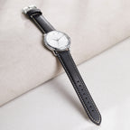 Genuine Leather Watch-Quick Release Watch Strap-Silver Pin Buckle-Black Strap With Beige Stitch