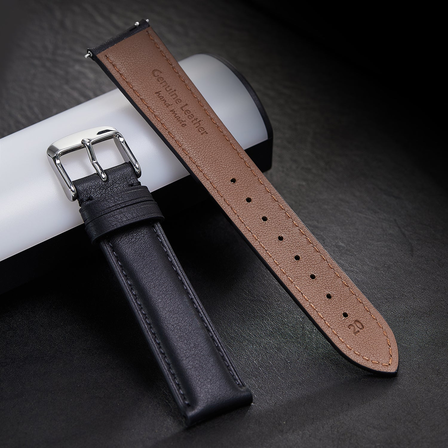 Genuine Leather Watch-Quick Release Watch Strap-Silver Pin Buckle-Black