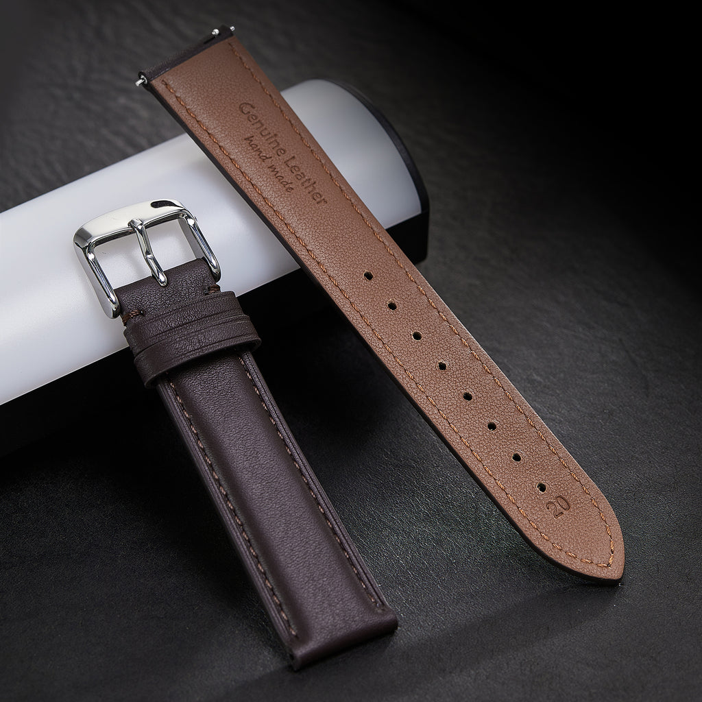 Genuine Leather Watch-Quick Release Watch Strap-Silver Pin Buckle-Brown