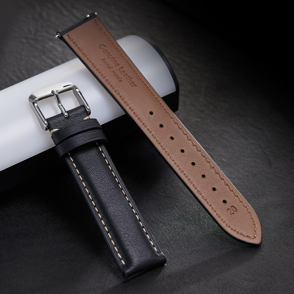 Genuine Leather Watch-Quick Release Watch Strap-Silver Pin Buckle-Black Strap With Beige Stitch