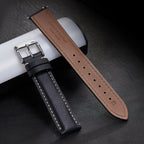 Genuine Leather Watch-Quick Release Watch Strap-Silver Pin Buckle-Black Strap With Beige Stitch