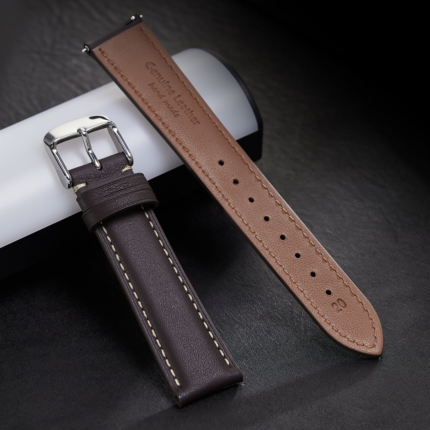 Genuine Leather Watch-Quick Release Watch Strap-Silver Pin Buckle-Brown Strap With Beige Stitch