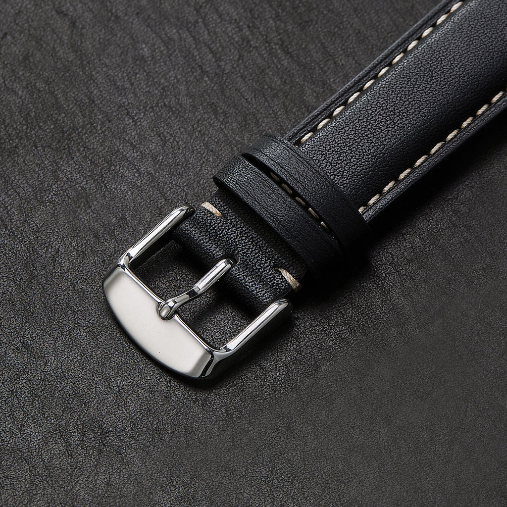 Genuine Leather Watch-Quick Release Watch Strap-Silver Pin Buckle-Black Strap With Beige Stitch