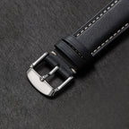 Genuine Leather Watch-Quick Release Watch Strap-Silver Pin Buckle-Black Strap With Beige Stitch