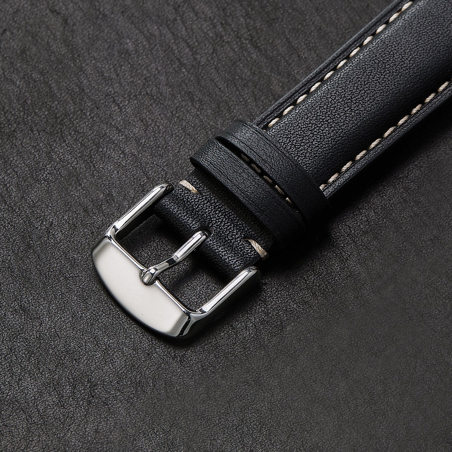 Genuine Leather Watch-Quick Release Watch Strap-Silver Pin Buckle-Black Strap With Beige Stitch